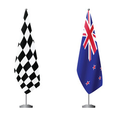 Obraz premium Checkered and New Zealand flags on flagpoles for official ceremonies and meetings, transparent background vector