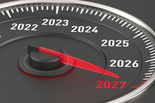 Timeline clock indicates 2027 with vivid red pointer, while earlier years from 2022 to 2026 arc across its face. This sleek calendar graphic conveys future goals and preparation, using dial markings