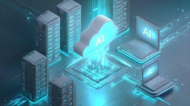 Glowing AI cloud transferring data to servers and laptops in network