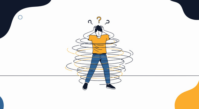 Confused Man With Question Marks and Swirling Lines Isolated Transparent Background