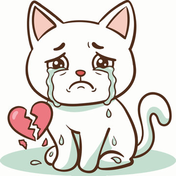 Sad cartoon cat character crying with a broken heart isolated on a white background for emotional design