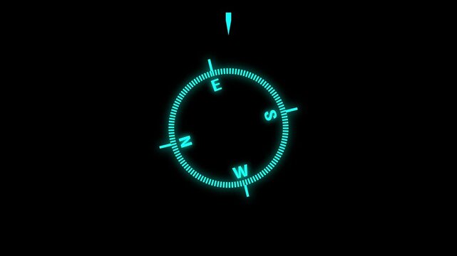 Digital compass animation displays cardinal navigation indicators. Directional travel telemetry routes across this digital compass. Waypoint tracking coordinates guide compass.
