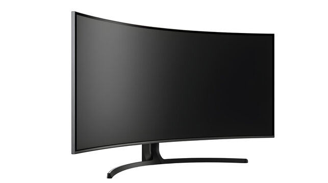 A professional studio shot of a ultra-wide curved desktop monitor screen, clean PNG isolated on a solid white background