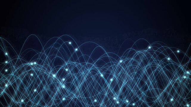 Glowing blue digital wave network lines animation on dark background representing high speed data