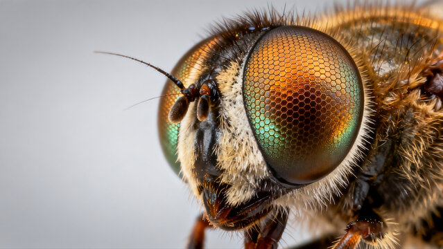 Extreme macro closeup of fly compound eyes, scientific biology photo