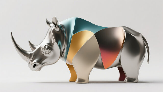 Modern abstract metallic rhino sculpture, contemporary art commercial asset
