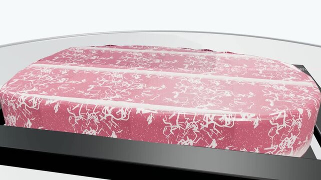 Detailed 3D animation illustrating the vacuum skin packaging process for premium Japanese Wagyu A5 beef highlighting the hermetic sealing and atmospheric air evacuation for freshness preservation