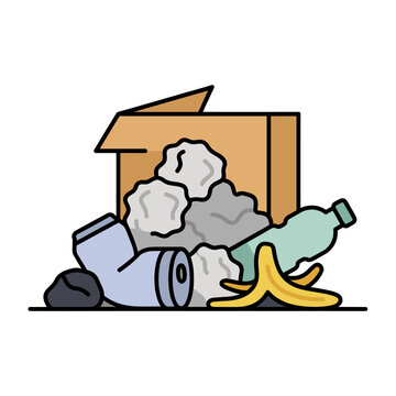 Trash and garbage in a cardboard box, flat illustration