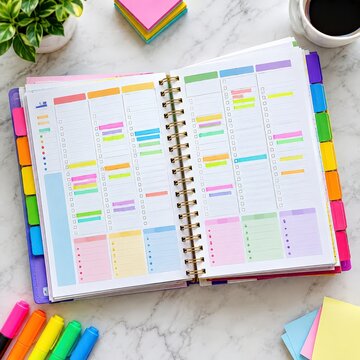 Square overhead view of a colour coded planner with tabs and highlighter marks in bright daylight indoors