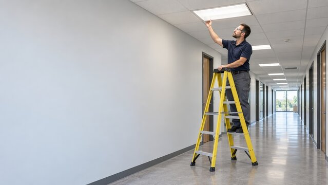 Maintenance worker inspecting ceiling light from ladder in office corridor