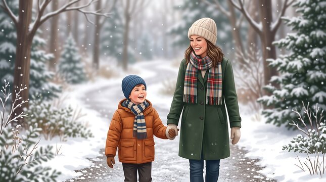 Happy mother and son walking in a snowy winter forest