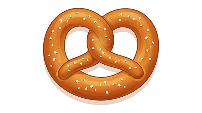 Cartoon brown pretzel with a triple twisted knot and salt grains. Isolated on pure white background. 
