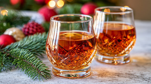 Two small glasses of bourbon with rich amber liquid arranged for a holiday whiskey tasting, bright clean tabletop decorated with pine needles, festive ornaments and subtle winter accents, soft even 
