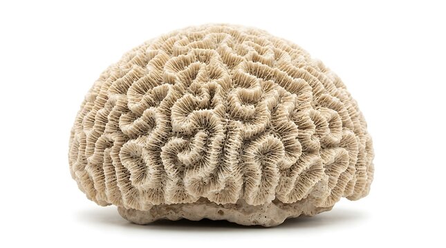 Close-up studio shot of a dry, light-colored brain coral specimen on a white background.