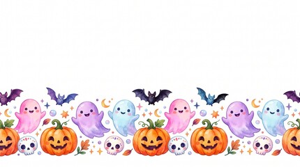 Obraz premium Watercolor cute Halloween seamless border with ghosts and pumpkins on white background