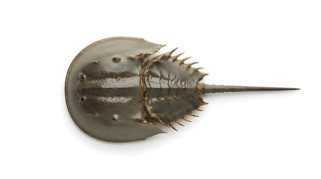 A top-down view of a dark horseshoe crab, a marine arthropod, isolated on a clean white background.