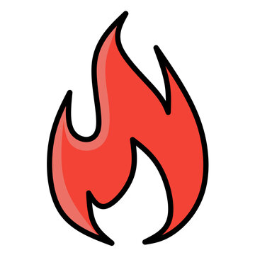 A vibrant red flame graphic with a bold black outline and a lighter red highlight for depth. The shape is stylized and minimalist. Perfect for digital interface icons or heat hazard signs.