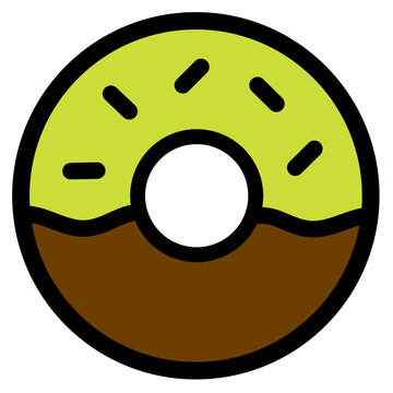 Flat vector illustration of a round donut featuring yellow icing with black sprinkles and chocolate bottom part. Ideal for cafe menus or food themed stickers.