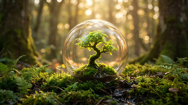 A small green bonsai tree growing inside a glass sphere placed on moss in a sunlit forest