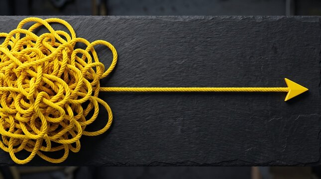 Complexity simplification concept with tangled wire transforming into a clear path for business process optimization and strategic focus