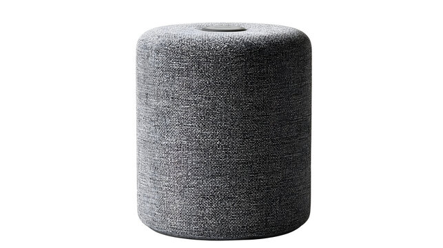 A professional studio shot of a modern wireless portable speaker fabric mesh grill cylinder, clean PNG isolated on a solid white background