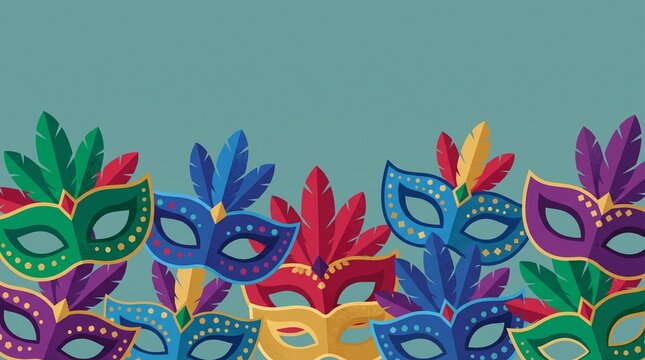 Colorful Mardi Gras Masks with Feathers Festive Celebration Background