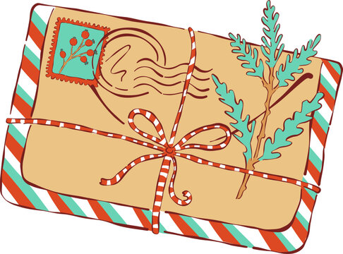 Christmas airmail envelope isolated clipart, postal vector, retro cartoon tied parcel letter spruce rosehip stamp