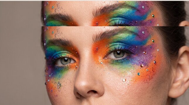 Close up of a woman's face with vibrant rainbow makeup and glitter
