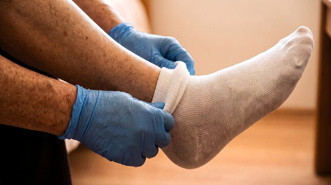 Healthcare worker helping elderly patient put on compression sock with gloved hands