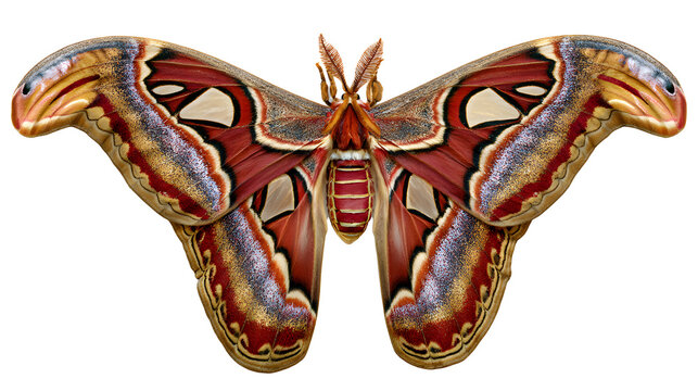 A professional studio shot of a large atlas moth intricate carpet pattern giant wingspan, clean PNG isolated on a solid white background