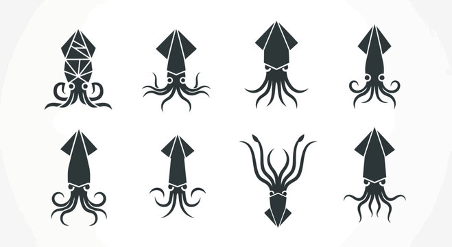 Set of stylized squid icons, abstract geometric and simple silhouettes, marine life vector collection