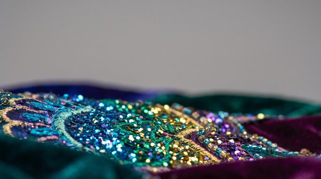 Close up of ornate fabric with embroidery and sequins in vibrant colors