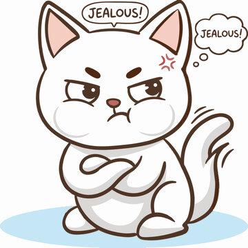 A cute white kitten sitting with a jealous expression in a high quality vector illustration style