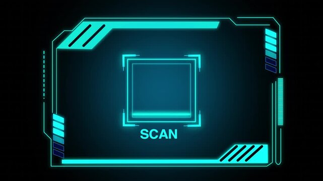Holographic interface animation displays an optical scanning square. Biometric telemetry coordinates guide this holographic interface. Surveillance systems use the interface.