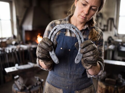 Skilled woman blacksmith holding a forged horseshoe in her workshop