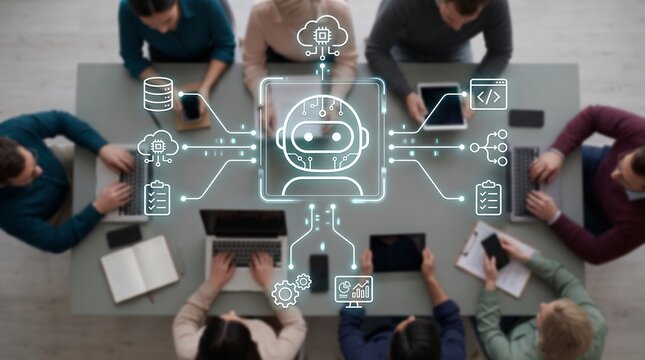 Business meeting with team members working around table featuring central artificial intelligence robot icon connected to various cloud and data processing digital workflow elements
