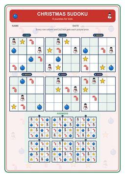 Christmas Picture Sudoku Six Puzzles Easy Medium Hard for Kids