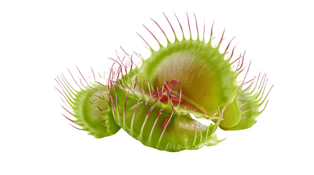 A professional studio shot of a venus flytrap dionaea muscipula open trigger hairs jaws, clean PNG isolated on a solid white background