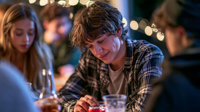 Alcohol abuse peer pressure concept, teenager at a house party pressured to take a drink by peers, uneasy expression, dim string lights in background