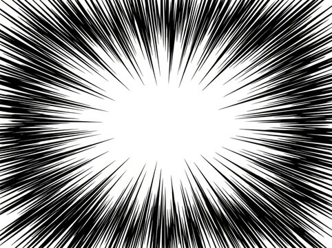 Black and White Radial Speed Lines Background, Manga Comic Book Zoom Effect Frame with Empty Center for Action, Explosion and Surprise Design