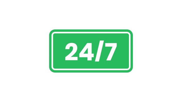 Green Rounded Sign Icon with Animated Twenty Four Seven Text Loop on White Background