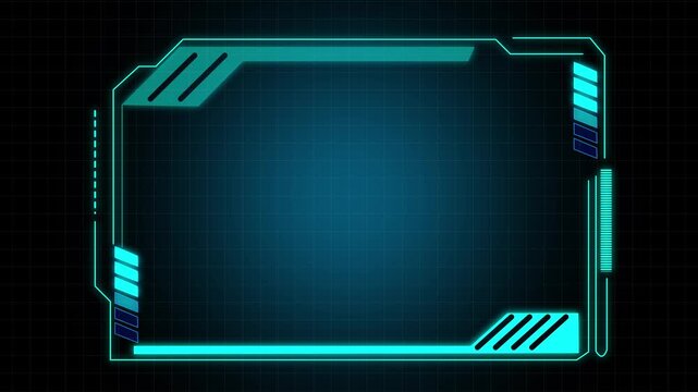 Holographic frame animation displays futuristic borders on a grid. Cyberspace matrix telemetry screen panels outline holographic frame. Sci-fi overlays shape the active frame.