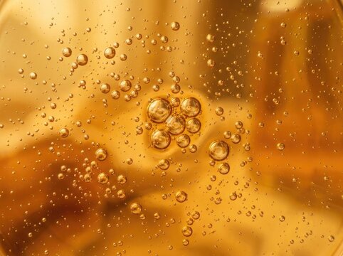 Golden Liquid with Rising Bubbles Close Up, Champagne or Beer Fizz Macro Texture Abstract Background