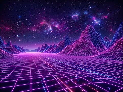 Retro Synthwave Neon Grid Landscape with Purple Wireframe Mountains and Starry Galaxy Sky, 80s Vaporwave Background