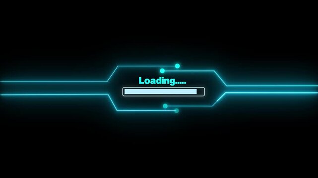 Loading bar animation displays system software progress on black. Digital file buffering telemetry updates across this loading bar. User interface waiting runs on the bar.