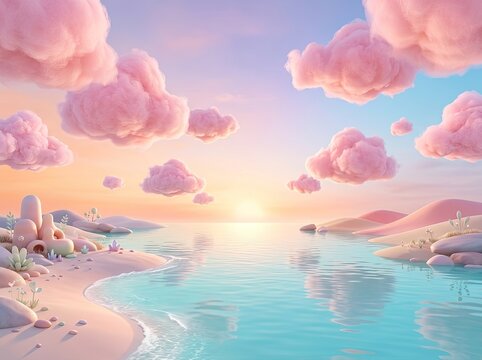 Dreamy Pastel Fantasy Beach Landscape with Pink Fluffy Clouds, Calm Turquoise Water and Soft Sunset Sky, 3D Render