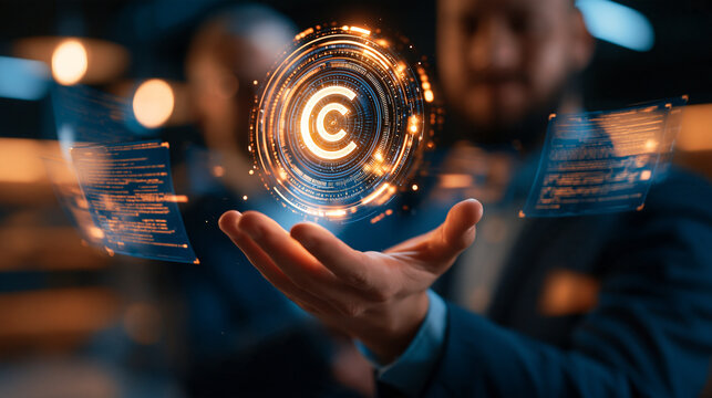 Business professional holding a glowing copyright symbol above their palm, translucent legal document overlays floating nearby, modern office backdrop, copy space