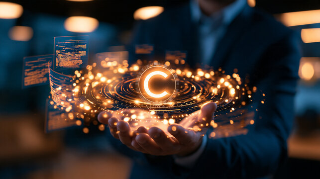 Business professional holding a glowing copyright symbol above their palm, translucent legal document overlays floating nearby, modern office backdrop, copy space