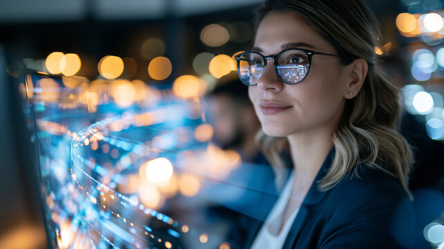 IT security specialist monitoring a glowing digital rights management dashboard with scanning beams over content files, dark server room