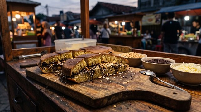 Traditional Indonesian martabak manis presented as street food heritage, designed for culinary tourism, cultural campaigns, restaurant promotion and food storytelling.